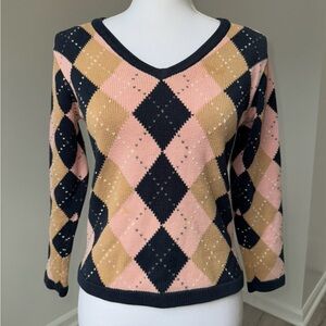 Lizsport‎ Petite Argyle Sweater XS/S Pink Navy Preppy Academia Golfcore Vtg Y2K